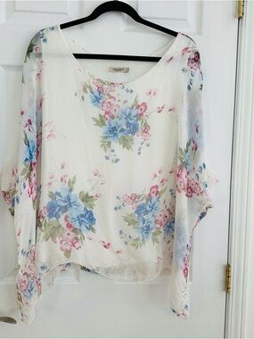 Women's Floral V-Neck Sheer Blouse - White with Blue & Pink Floral Print